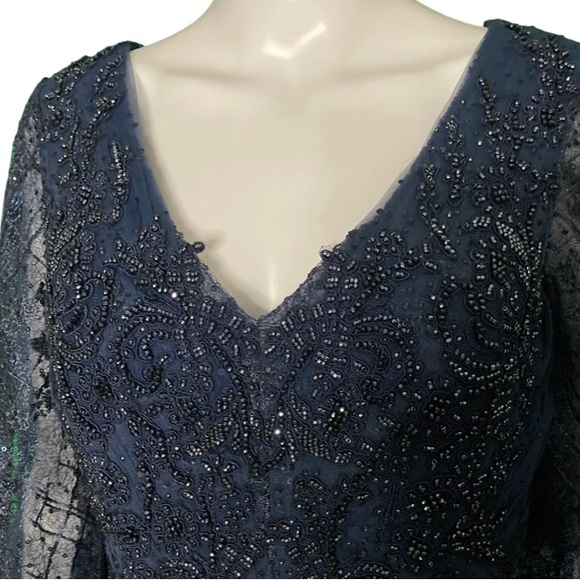 NWT MacDuggal Midnight Embellished V Neck Puff Sleeve A-line Gown - Sz 6 - Picture 5 of 9